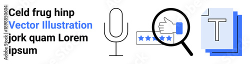 Voice recognition, online feedback, digital reviews, document editing, quality control, content creation. Microphone, magnifier over review and text design elements. Voice recognition and online