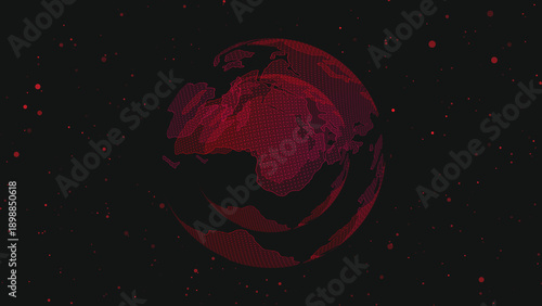 Abstract Wireframe Globe of Earth in Red Tones on a Dark Background with Red Particles world planet.