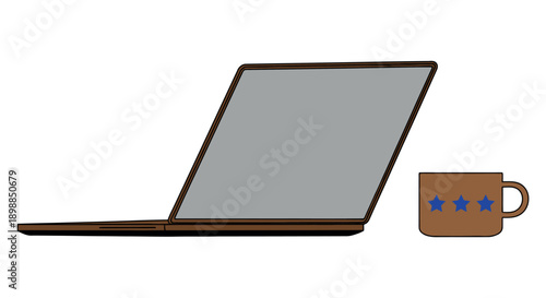 Laptop and coffee mug with stars on white background