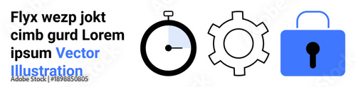 Stopwatch with partial blue fill, gear for functionality, and blue lock for security themes. Ideal for productivity, system settings, privacy, cybersecurity, processes, operations simple landing