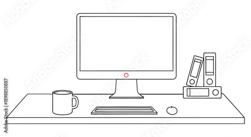Modern office workspace with computer and coffee cup on desk