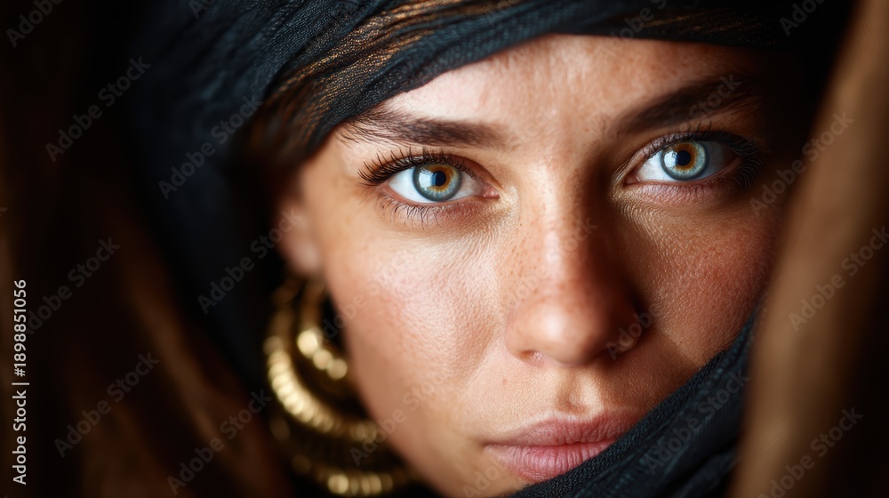 Fototapeta premium This evocative close-up focuses on captivating blue eyes framed by vibrant skin tones, showcasing the beauty of human emotion and the depth of personal expression.