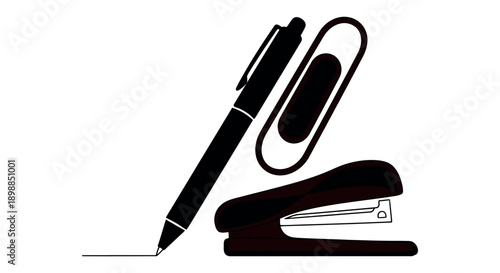 Stylish office supplies including pen stapler and paperclip