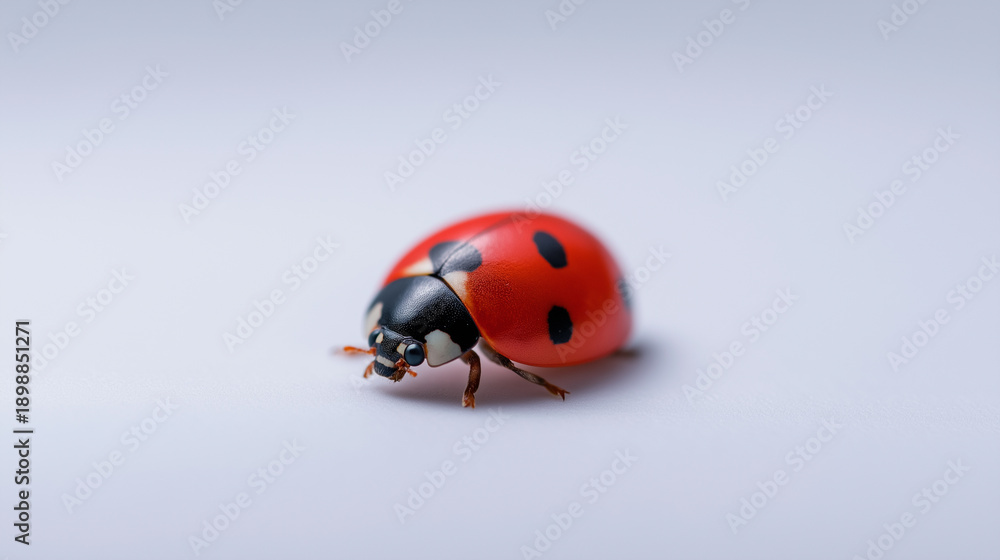 Fototapeta premium Close-up of a red ladybug with black spots on a white background. 