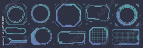 Blue neon HUD circles and grid frames – Ideal for tech background.