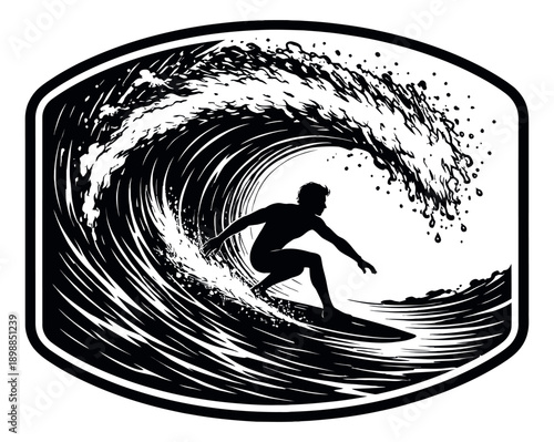 Dynamic graphic illustration of a surfer depicting riding a powerful wave for summer sports