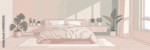 Minimalist bedroom interior with plants and soft light – Suitable for sleep wellness brands, plant lover blogs, or modern home decor.