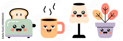 Cute household object characters in minimal style – Suitable for nursery art, playful marketing, or quirky merchandise design.
