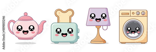Kawaii household objects with cute faces – Ideal for playful branding, children's stickers, or whimsical digital design.