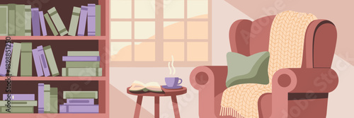 Relaxing armchair and bookshelf scene in pastel – Perfect for literary websites, hobby-related content, or mindfulness promotions.