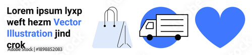 E-commerce, logistics, online shopping, delivery services, retail marketing, customer satisfaction. Shopping bag, truck and heart icon on a white background. E-commerce and logistics concept