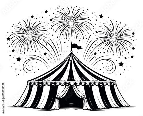 Hand drawn line art illustration of a circus tent depicting a celebration with fireworks and stars for entertainment event design