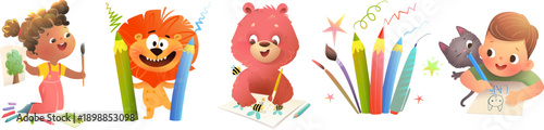 Cute kids and animals drawing with colorful pencils, showing creativity, fun, and learning art activities. Creative cartoons for art and craft children hobbies. Vector clip art collection for kids.