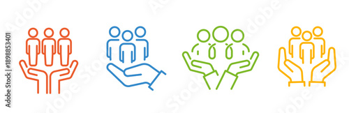 inclusion social equity icons, set icon such as help or support employee, people safety, consumer interaction, gender or cultural diversity, people in hands