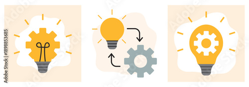 A screen with flat icon sets.
Configuration and settings icons.
Gears, checkmarks, and warning signs.
Robots, documents, and user avatars.
Vector previews on a design platform.