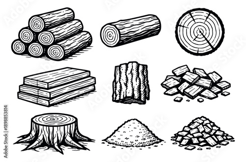 Hand drawn line art wood and timber elements set featuring logs, planks, sawdust, bark, and a tree stump for woodworking and forestry