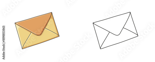 Envelope shown in two different styles featuring one colored version with yellow tones and one black and white outline version isolated on white background