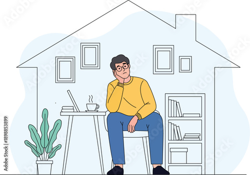 Man thoughtfully seated in a home office environment