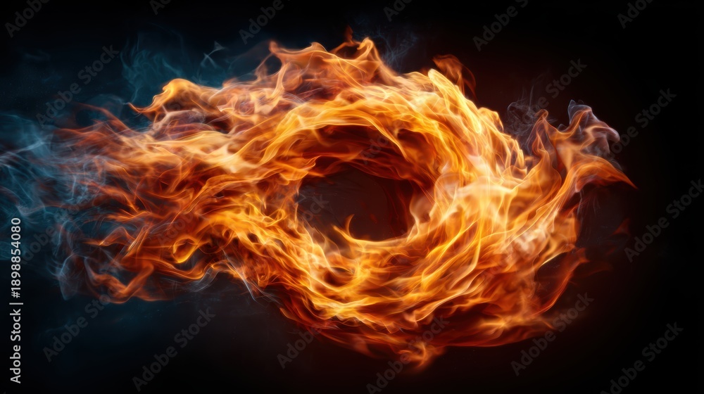 Fototapeta premium A striking image of vibrant flames swirling dynamically, intertwining with wisps of smoke, creating a mesmerizing abstract pattern of warmth and energy.
