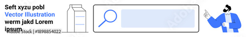 Business tools, online search, navigation, professional presentation, data analysis, and technology. Search bar, carton and character pointing. Business tools and online search concept