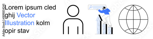 Business analytics, online research, global communication, digital marketing, professional tools, corporate growth. Graphs, globe and person icon in a clean layout. Online research and global