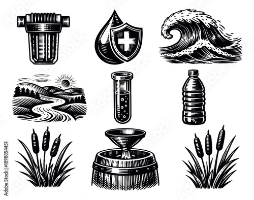 Hand drawn water related icon set featuring purification elements, natural landscapes, and scientific symbols for ecology and environment