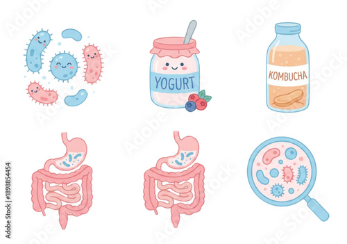 Cute gut health illustrations with probiotics and microbiome