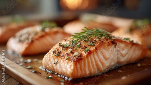 A beautifully plated salmon dish adorned with fresh herbs, capturing the essence of gourmet cooking, perfect for showcasing culinary artistry and tantalizing flavors.