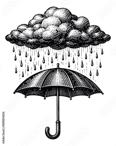 Hand drawn line art illustration of an umbrella under a rainy cloud depicting protection from rain for weather forecast and design