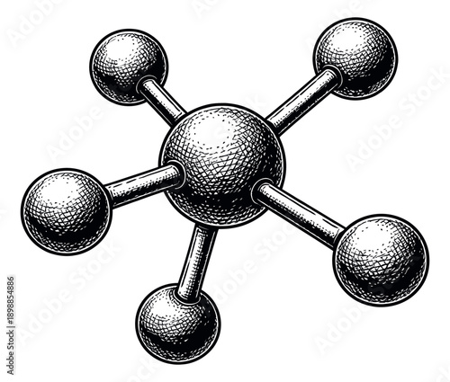 Hand drawn line art illustration of a molecular structure depicting scientific connections for education