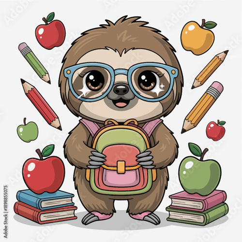 A cute sloth wearing glasses holds a backpack, surrounded by colorful pencils, apples, and books.