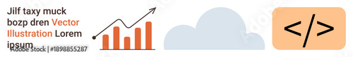Technology, coding, data analysis, cloud storage, business growth, software development. Bar graph, cloud icon and code symbol. Technology and coding concept for business applications