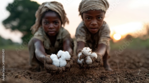 Two smiling children gather freshly picked cotton in a fertile field, showcasing the labor and joy of agriculture while immersed in nature's beauty at twilight.