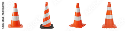 Fotografie Orange Traffic Safety Cone Set With Reflective White Stripes Isolated On White B