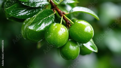 Wallpaper Mural A close-up shot of plump green olives glistening with raindrops, beautifully set against lush foliage, highlighting nature’s bounty and the essence of olive oil production. Torontodigital.ca