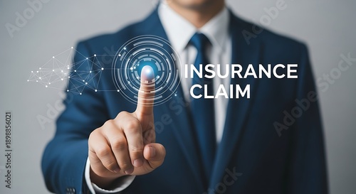 Man in suit pressing virtual insurance claim button on transparent interface