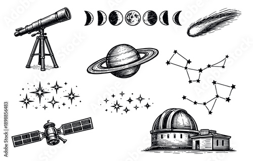 Hand drawn line art astronomy set featuring telescopes, moon phases, planets, constellations, and cosmic elements for science and exploration