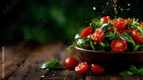 A vibrant salad bursting with cherry tomatoes and fresh greens, elegantly prepared on a wooden table, perfect for healthy meals and refreshing flavors in everyday life.