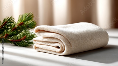 An aesthetically pleasing image of a neatly folded beige towel beside a fresh pine branch, creating a serene setting perfect for relaxation and comfort.