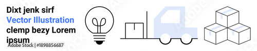 Logistics, supply chain, transportation, innovation, packaging, warehousing. Lightbulb, truck and boxes in clean line design. Logistics and innovation in minimalistic style