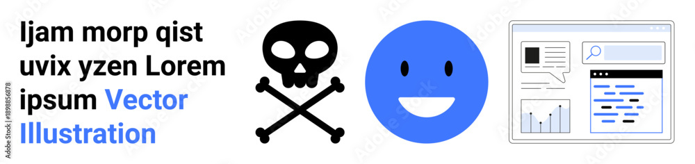 Fototapeta premium Cybersecurity, digital design, online communication, awareness, information integrity, user interfaces. Smiling emotion, a skull and crossbones text and icons. Cybersecurity and digital design