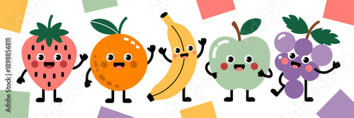 Happy fruit group illustration – Perfect for kindergarten materials, fruit shop branding, or cheerful digital prints.