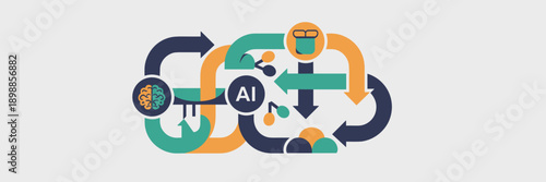Modern AI schematic with neural network icons – Perfect for machine learning blogs, corporate strategy decks, or automation software marketing.