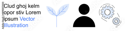 Nature, teamwork, user interface design, sustainability, innovation, eco-friendly technology. A leaf, a person silhouette cogwheels are . Nature and teamwork concepts