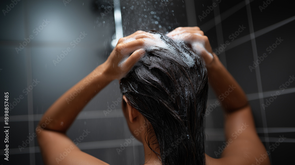 Naklejka premium Person washing hair with shampoo, hands massaging scalp in shower 
