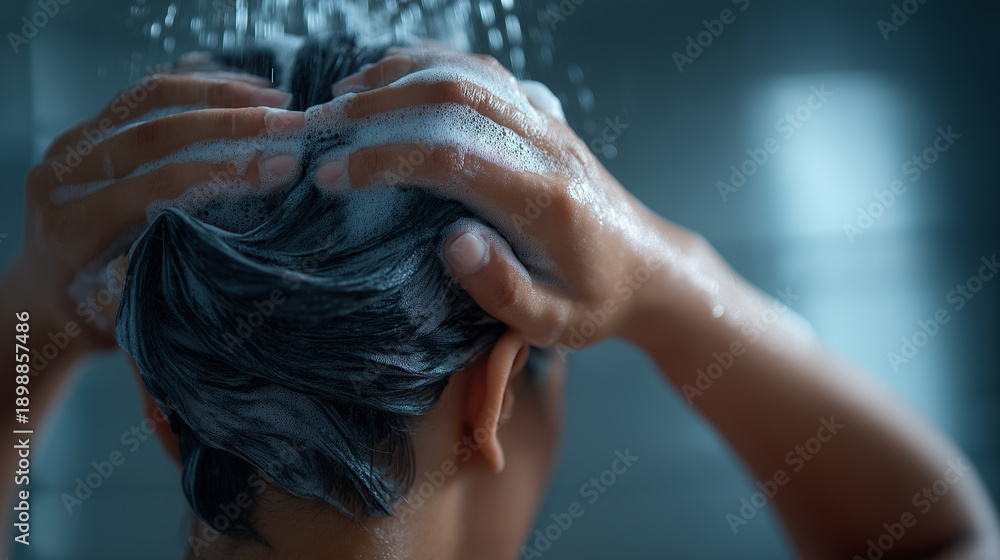 Naklejka premium Person washing hair with shampoo, hands massaging scalp in shower 
