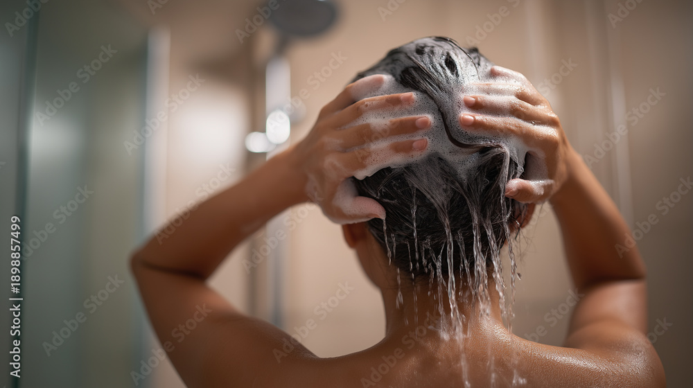 Fototapeta premium Person washing hair with shampoo, hands massaging scalp in shower