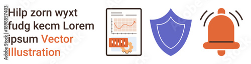 Data security, analytics, digital protection, risk management, online safety, information technology. Visual of a graph, shield and alert bell. Emphasizing data security and analytics