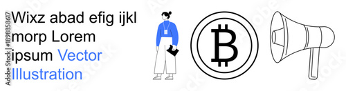 Digital communication, cryptocurrency, business operations, technology, financial services, public relations. A person, Bitcoin symbol and megaphone are visible. Cryptocurrency and business