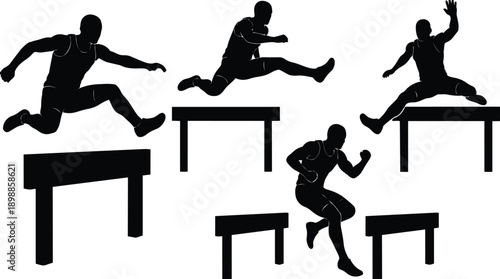 Silhouette athletes hurdling over track hurdles series of dynamic poses high jump action with low angle view athletic training motion study explosive sprinting intensity competition technique